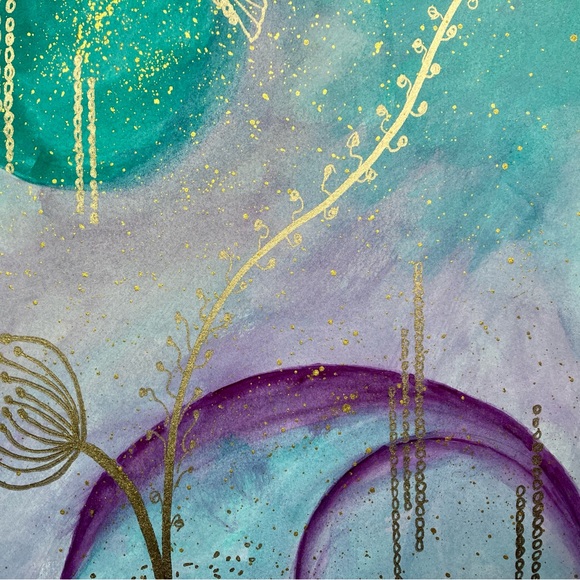 Abstract Original Watercolor Gold Leaf Floral Green & Purple Painting, 9x12 - Picture 9 of 12